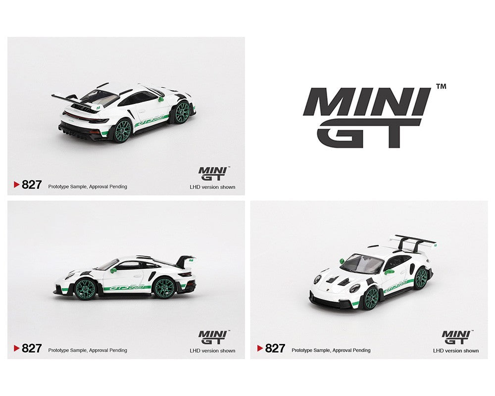 Mini GT 1:64 Porsche 911 (992) GT3 RS – Blanco con detalles en verde