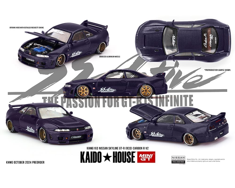 Kaido House x Mini GT 1:64 Nissan Skyline GT-R (R33) Active Carbon R V2 – Carbón morado