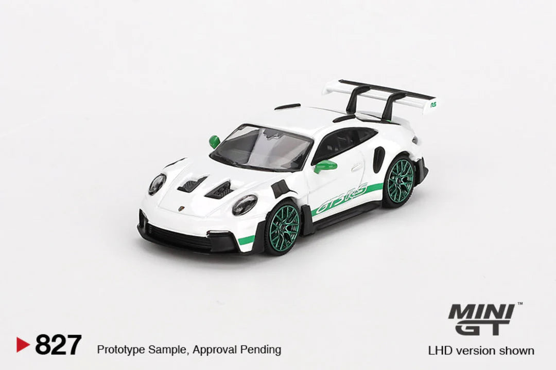 Mini GT 1:64 Porsche 911 (992) GT3 RS – Blanco con detalles en verde